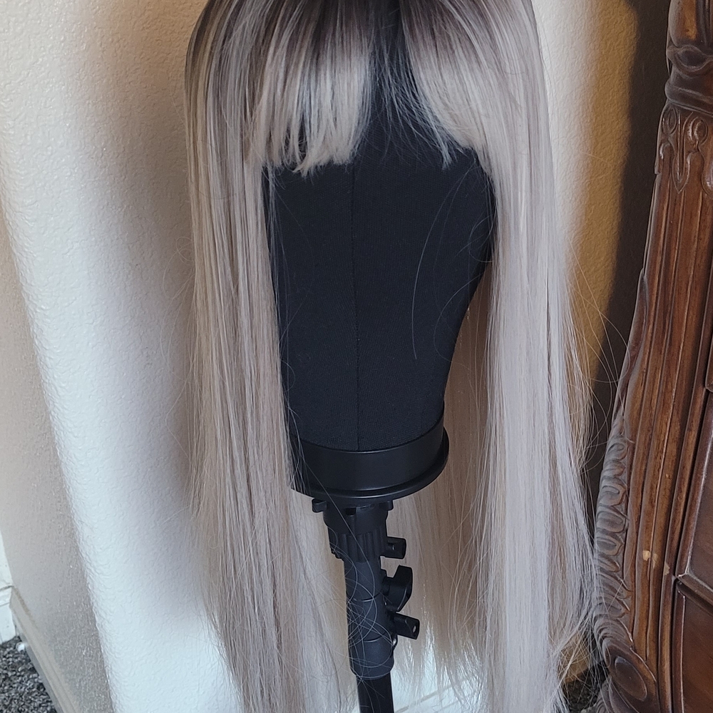 SOLD- Light Ash Blonde Straight Synthetic Wig with Bangs